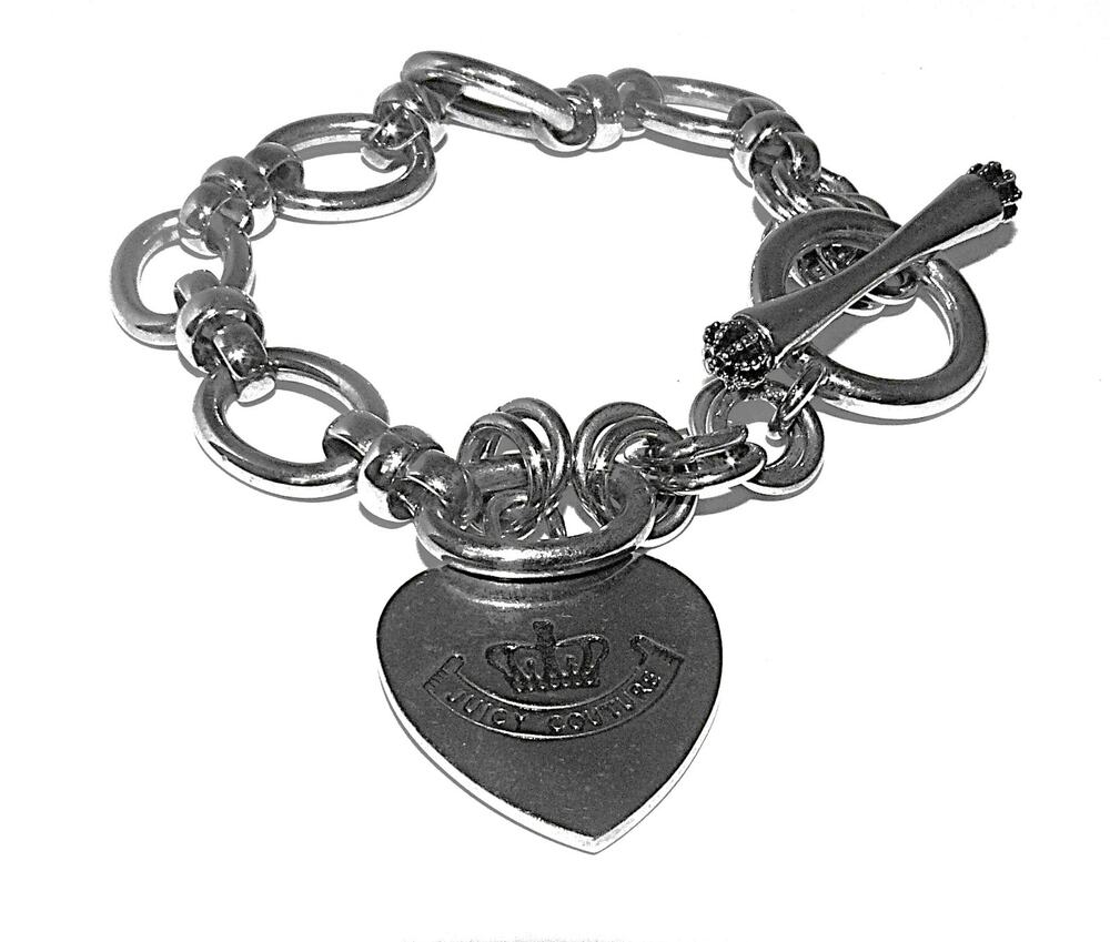 Vtg Juicy Couture Silver-Tone Charm Bracelet Heart Pendant Toggle Clasp 7.5" Y2K